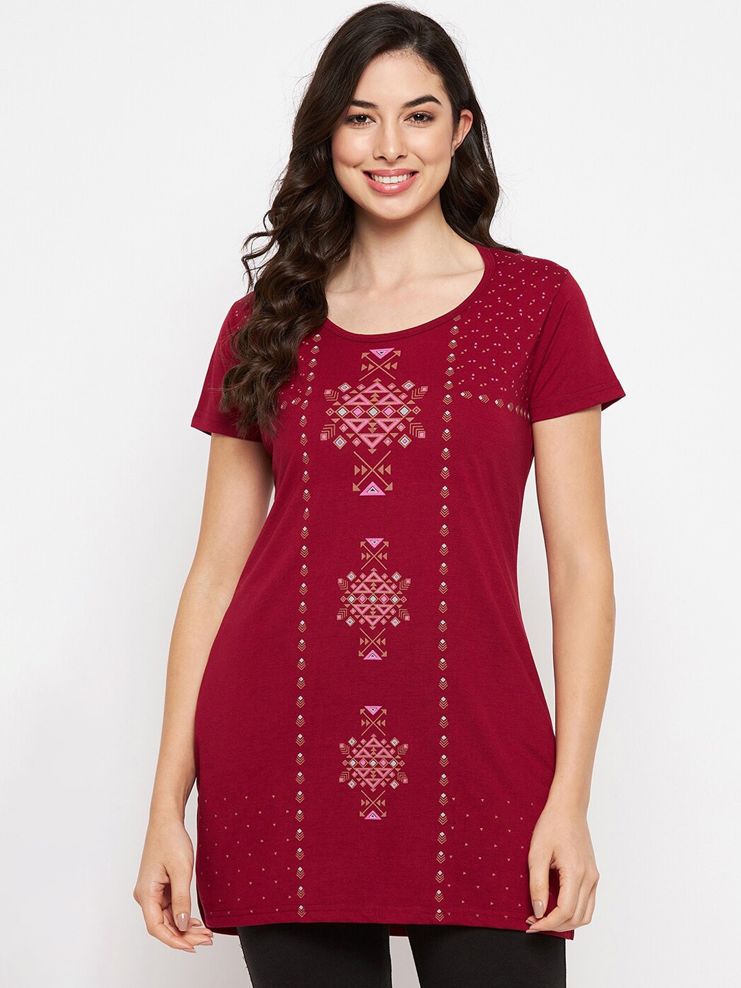 

VERO AMORE Geometric Printed Longline Lounge T-Shirt, Maroon