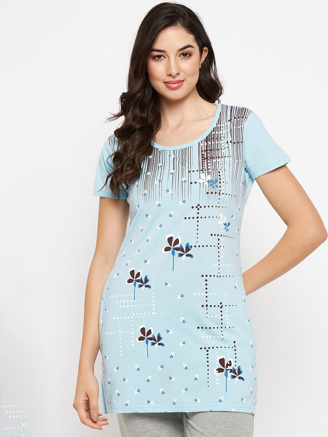 

VERO AMORE Floral Printed Round Neck Lounge T-shirts, Blue