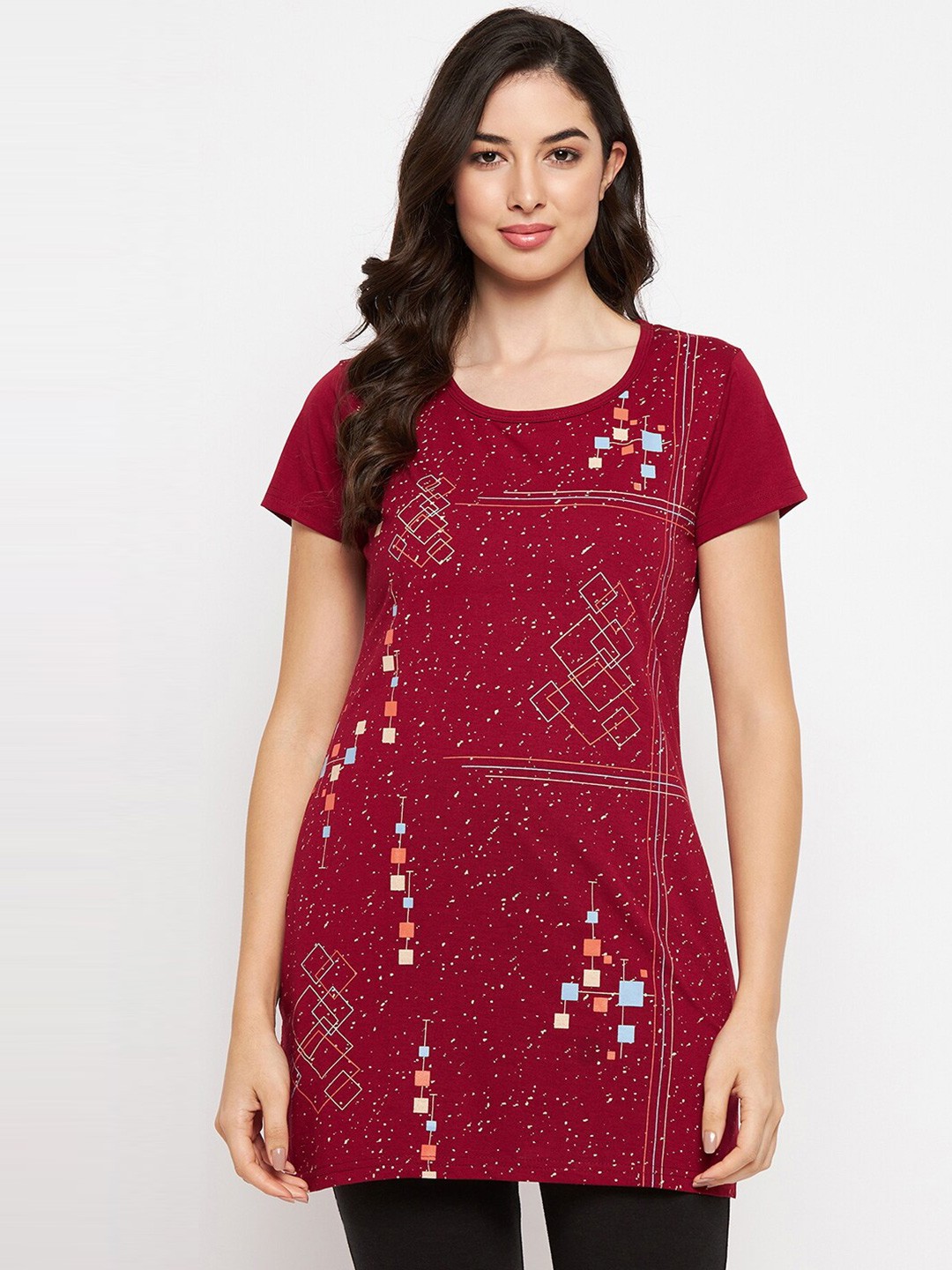 

VERO AMORE Geometric Printed Round Neck Lounge T-shirt, Maroon