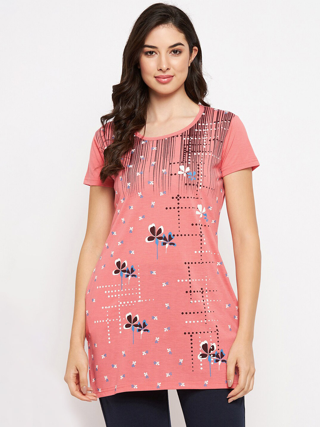 

VERO AMORE Floral Printed Cotton Longline T-shirt, Peach