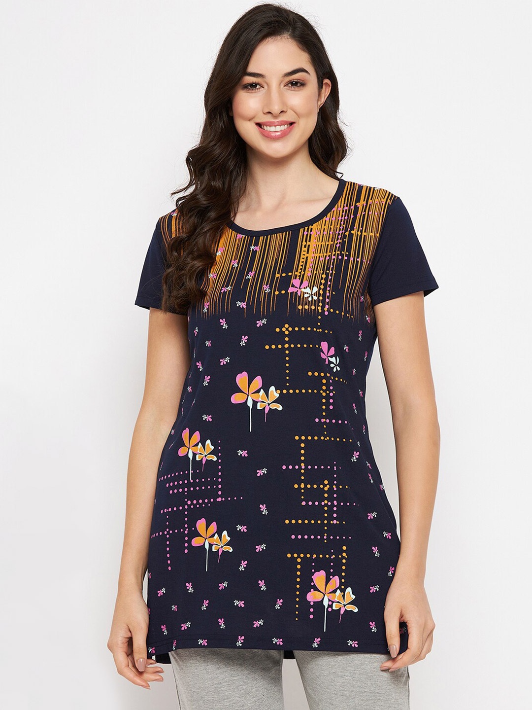 

VERO AMORE Floral Printed Longline Lounge T-shirt, Navy blue