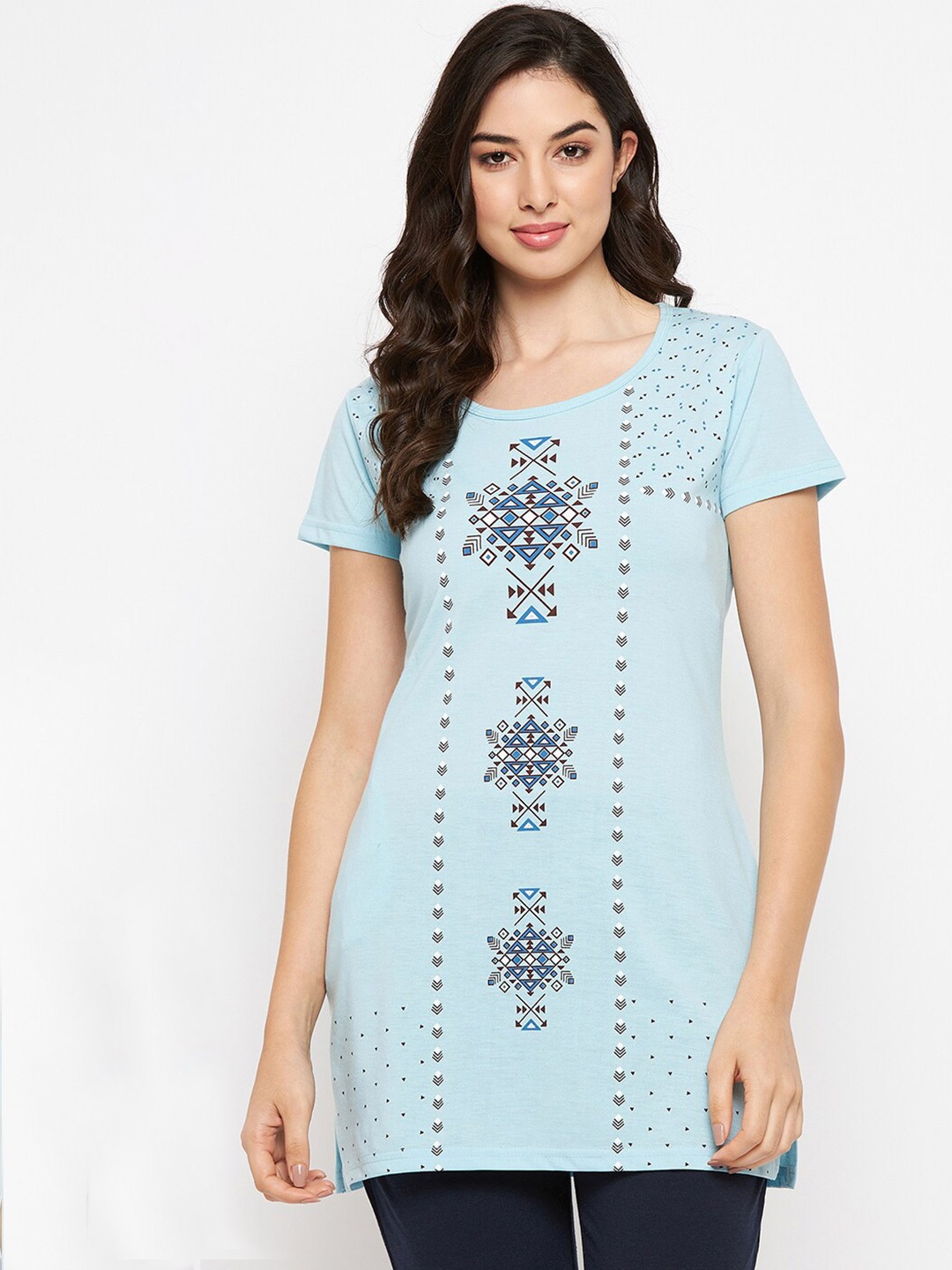 

VERO AMORE Ethnic Motif Printed Longline Lounge T-shirt, Blue