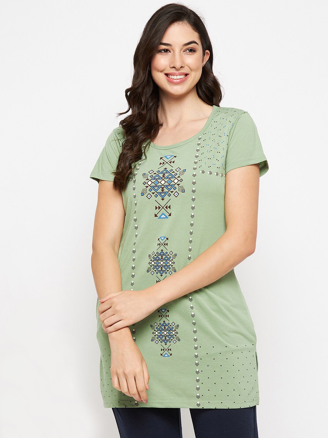 

VERO AMORE Ethnic Motif Printed Longline Lounge T-shirt, Green