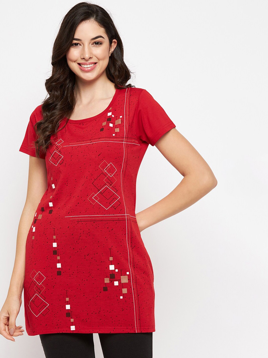 

VERO AMORE Ethnic Motif Printed Longline Lounge T-shirt, Red