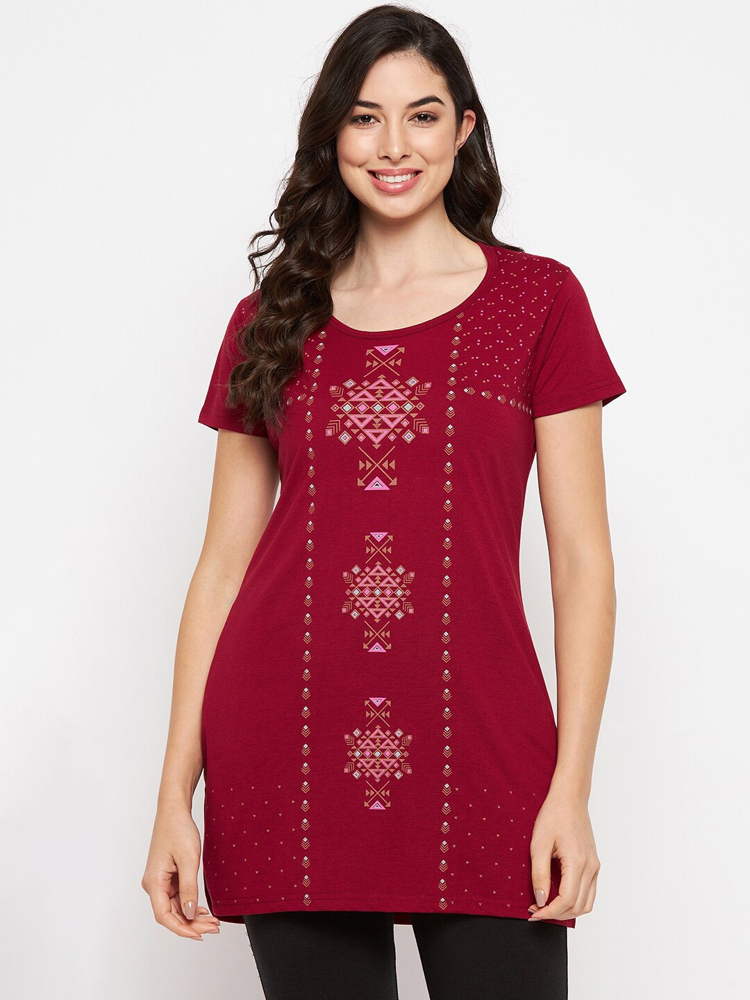 

VERO AMORE Ethnic Motif Printed Longline Lounge T-shirt, Maroon