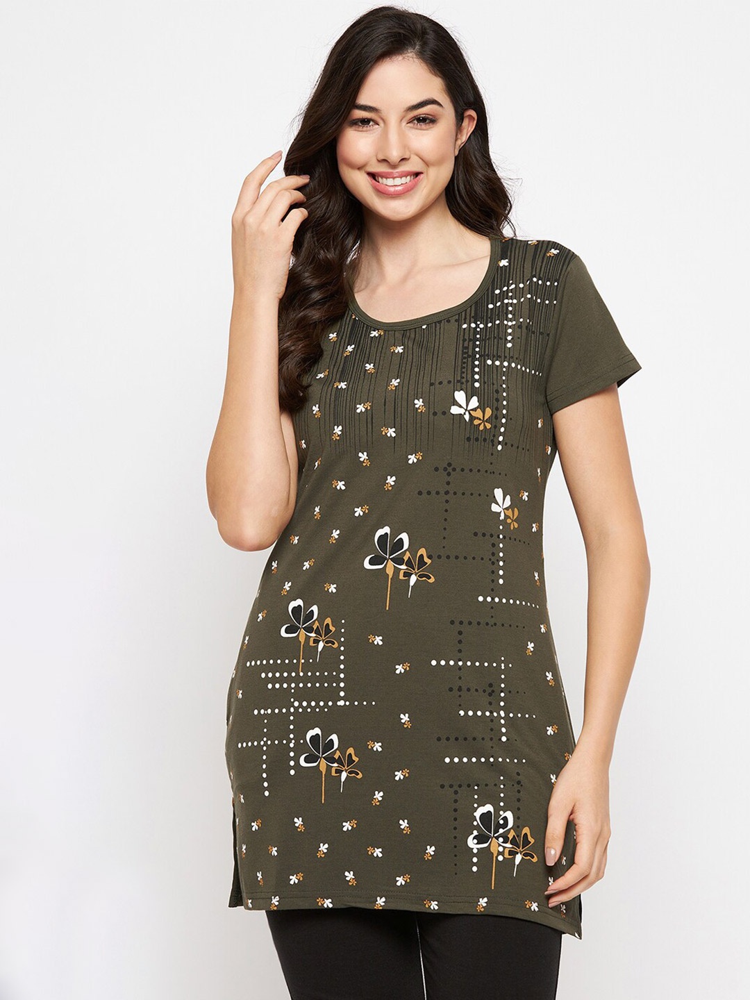 

VERO AMORE Floral Printed Longline Lounge T-shirt, Olive