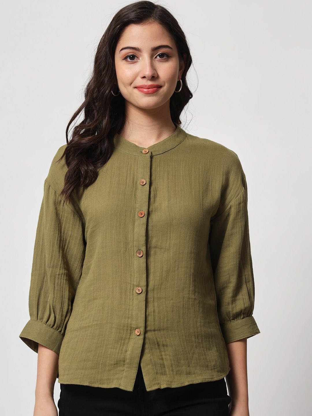 

CHARMGAL Mandarin Collar Cuffed Sleeves Cotton Shirt Style Top, Olive