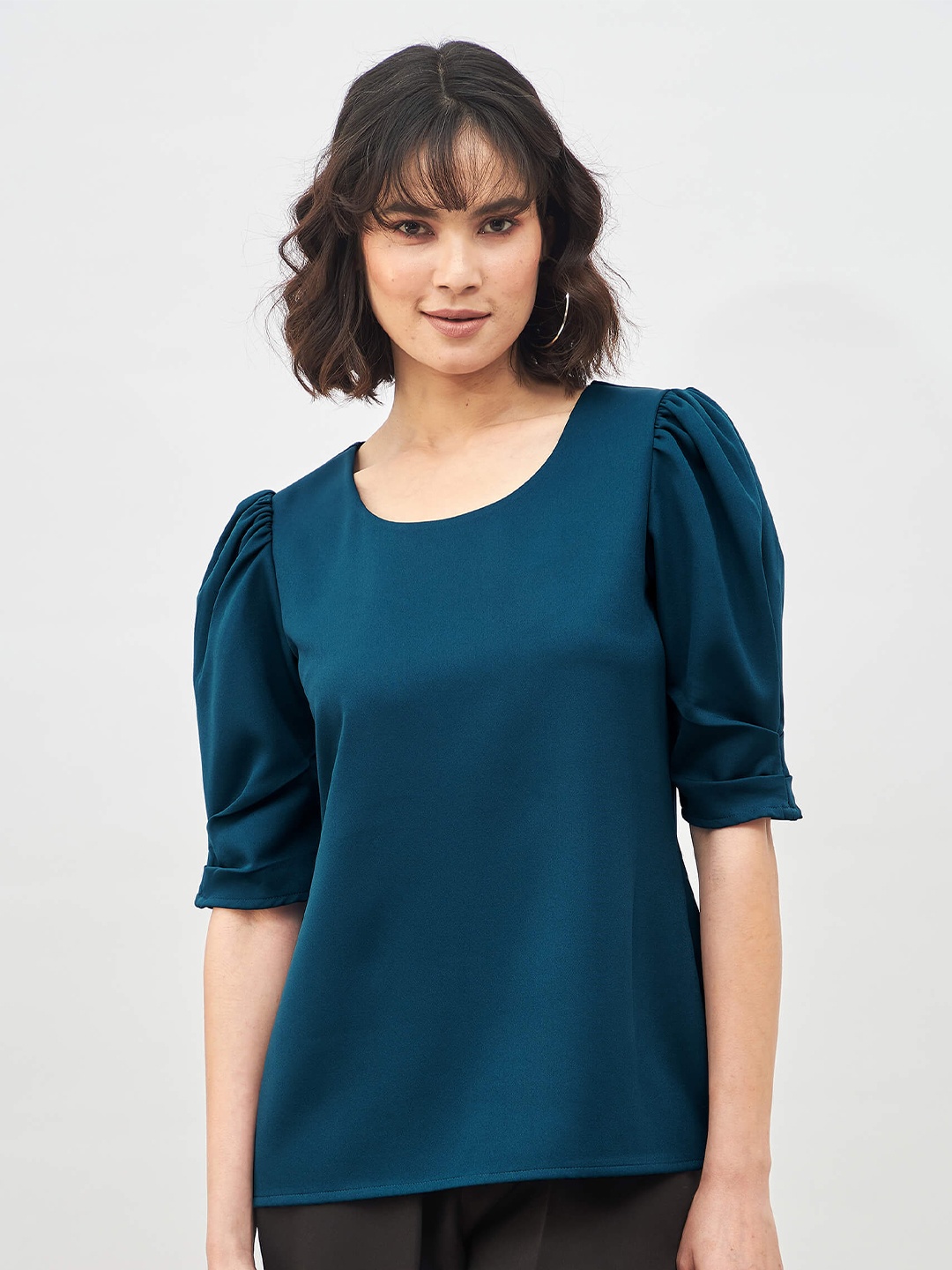 

SALT ATTIRE Round Neck Puff Sleeves Regular Top, Teal