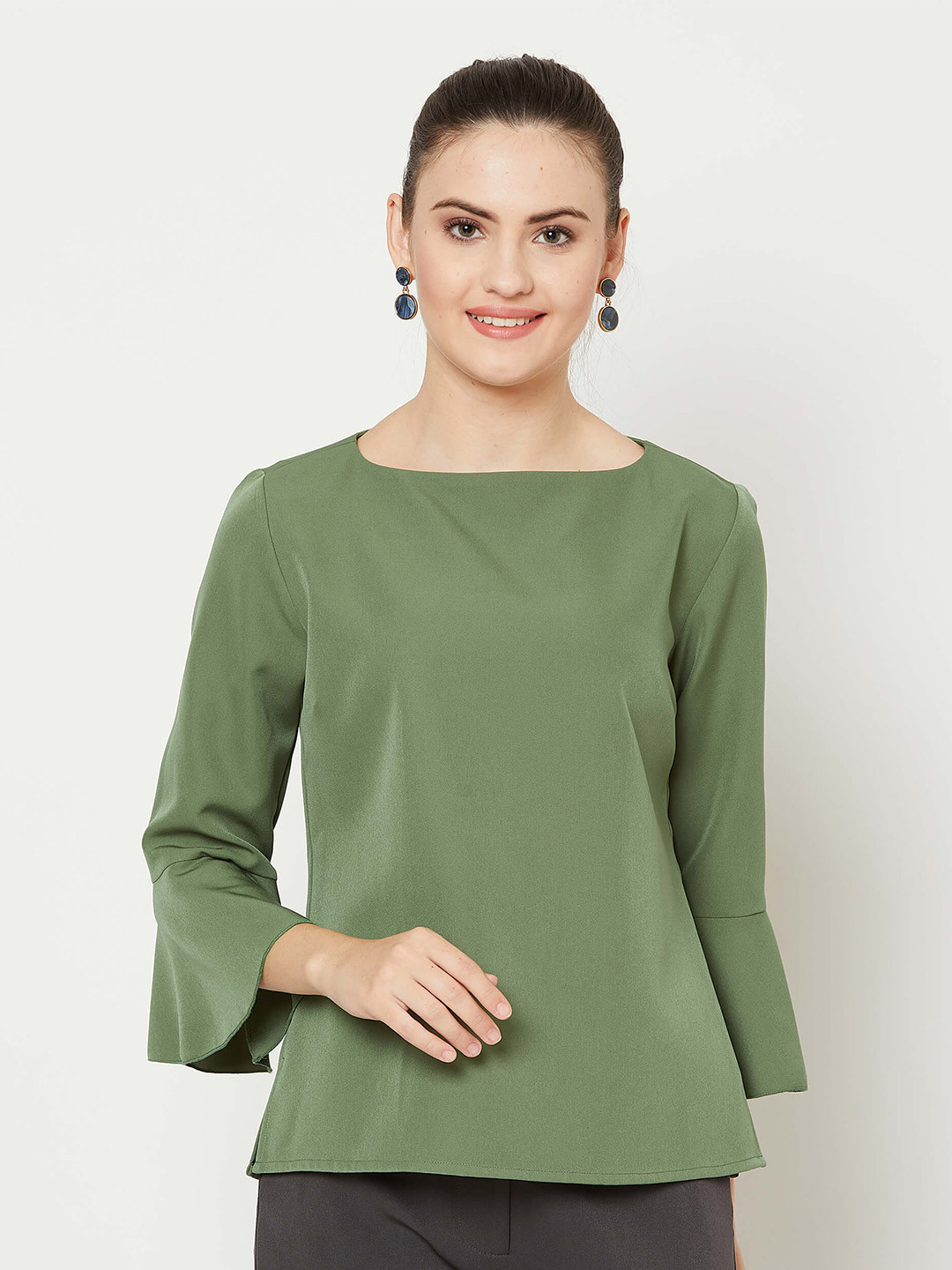 

SALT ATTIRE Round Neck Bell Sleeves Regular Top, Green