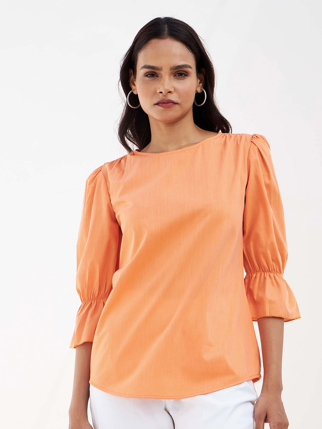 

SALT ATTIRE Puff Sleeves Cotton Regular Top, Orange