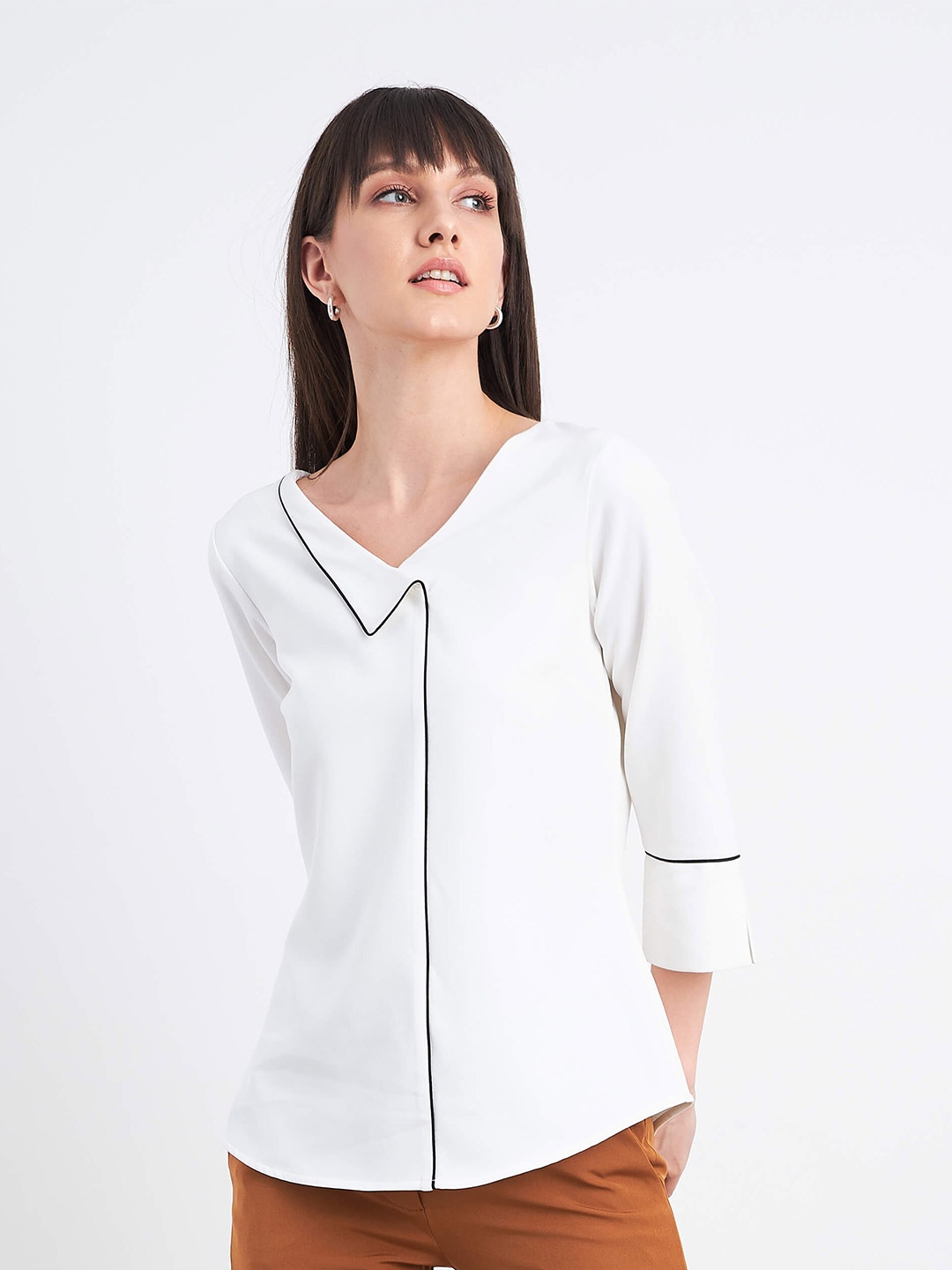 

SALT ATTIRE V-Neck Contrast Piping Detail Shirt Style Top, White