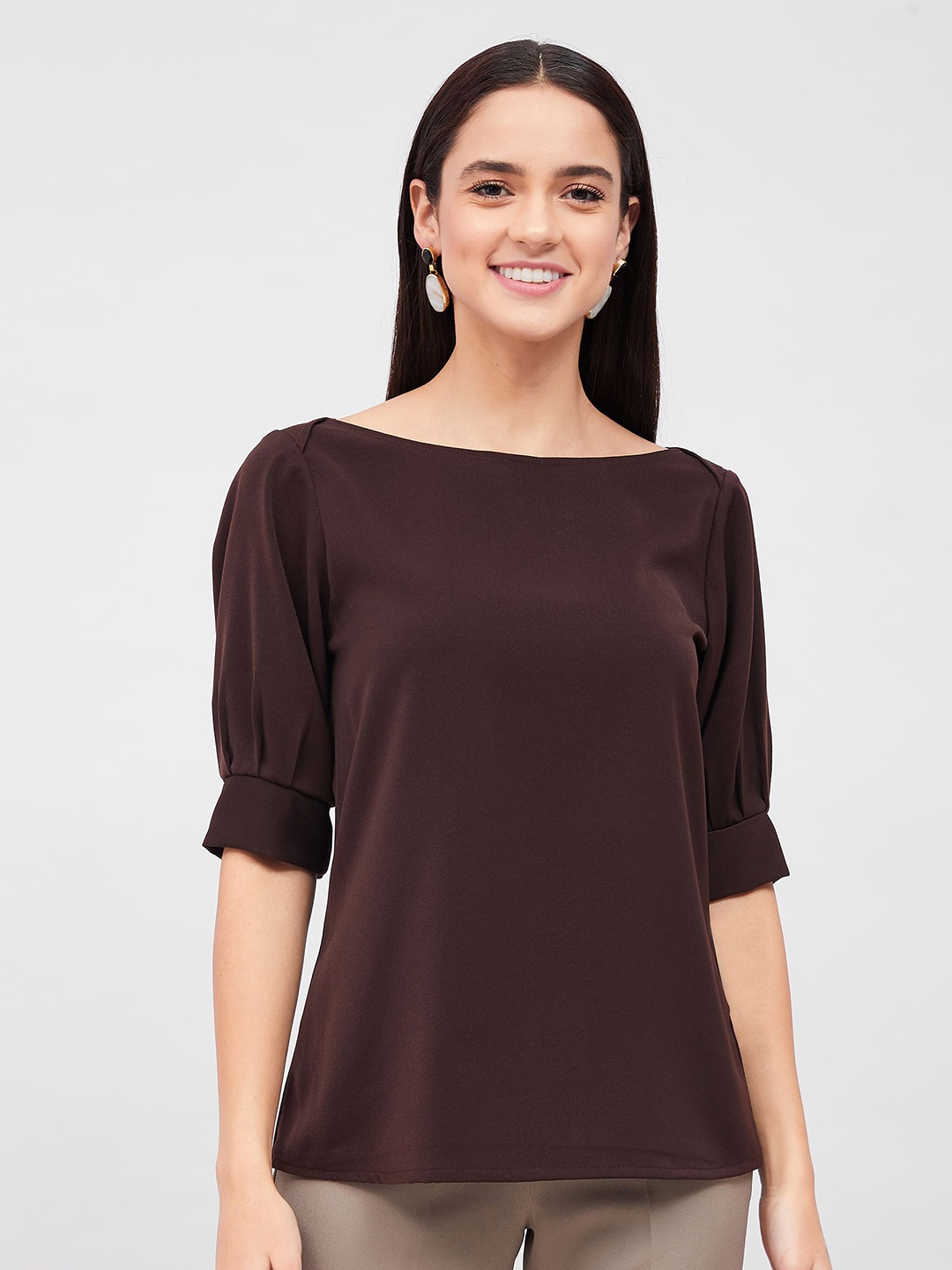 

SALT ATTIRE Puff Sleeves Regular Top, Brown