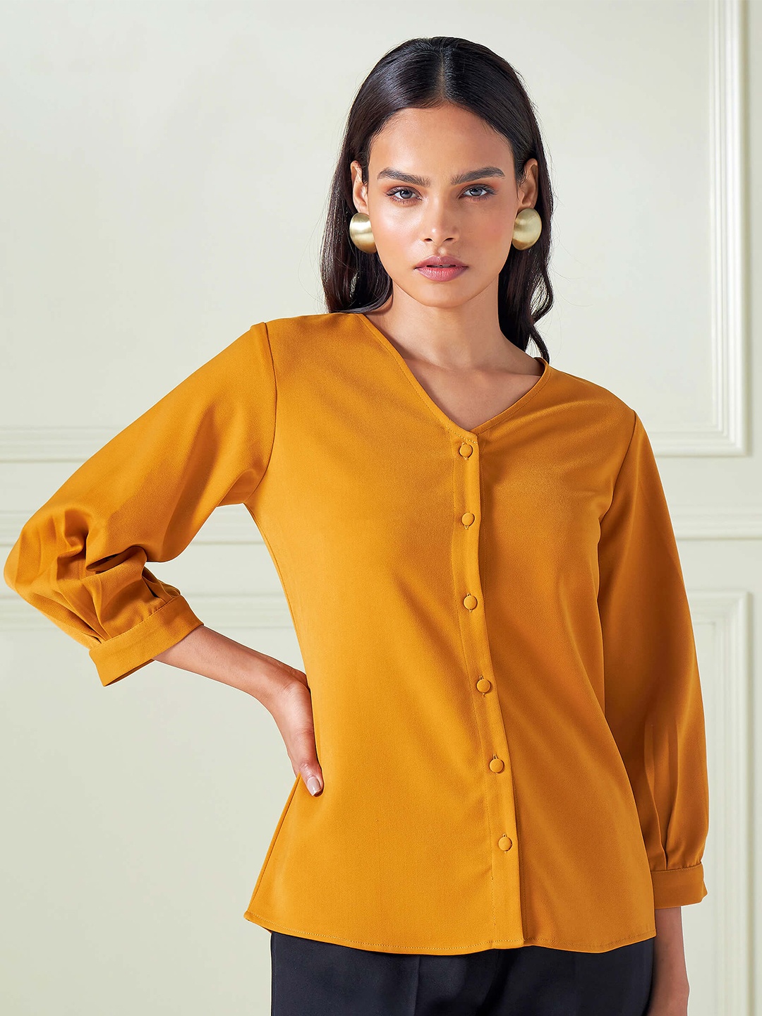 

SALT ATTIRE V Neck Puff Sleeves Shirt Style Top, Mustard