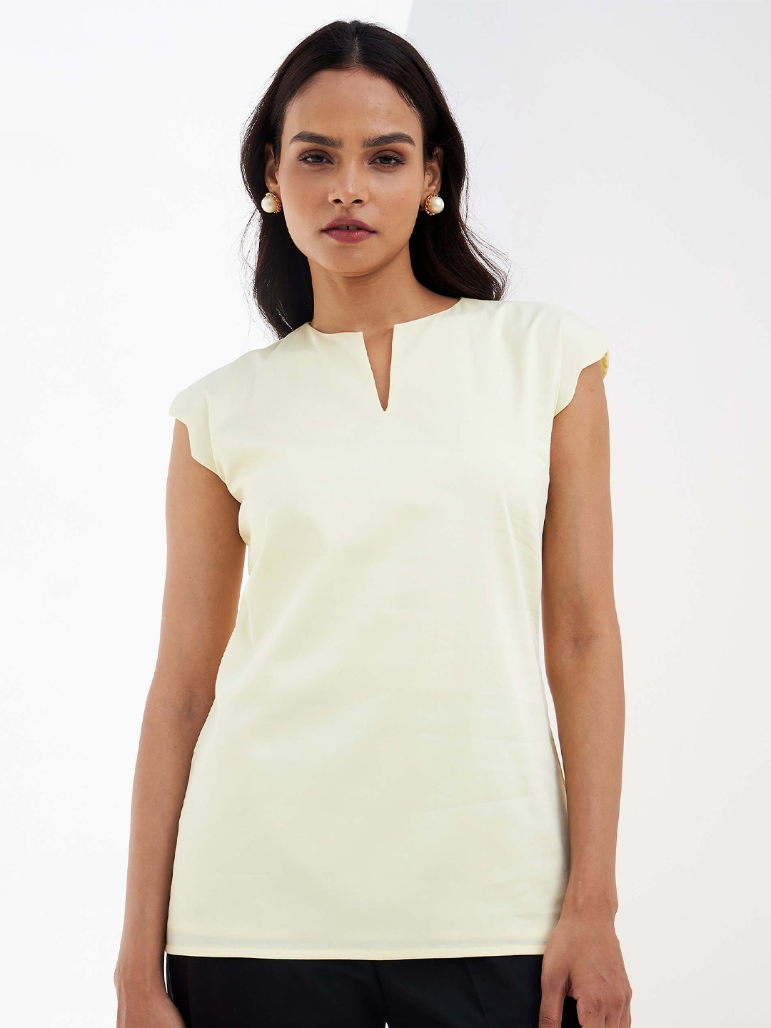 

SALT ATTIRE Notched Neck Scalloped Sleeves Cotton Top, Yellow