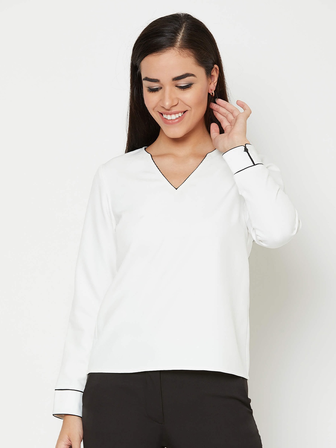 

SALT ATTIRE V-Neck Cuffed Sleeves Shirt Style Top, White
