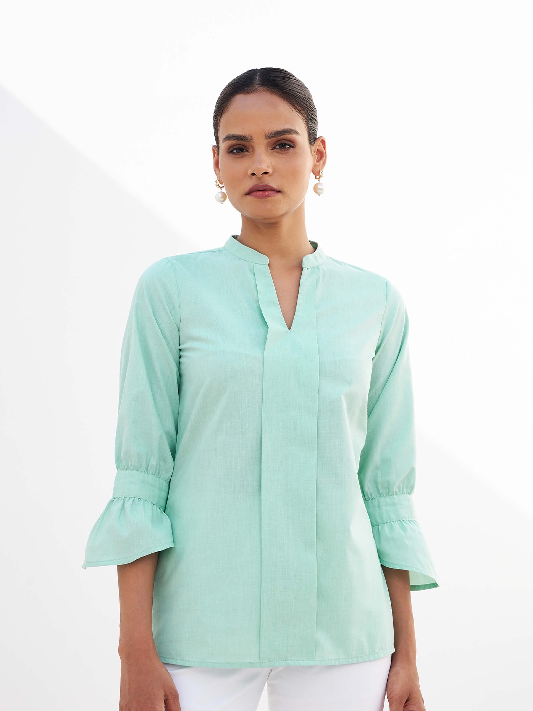 

SALT ATTIRE Mandarin Collar Bell Sleeves Cotton Top, Sea green