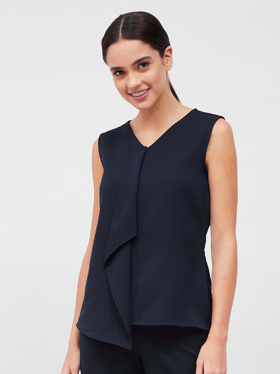 

SALT ATTIRE V-Neck Sleeveless Ruffles detail Top, Navy blue