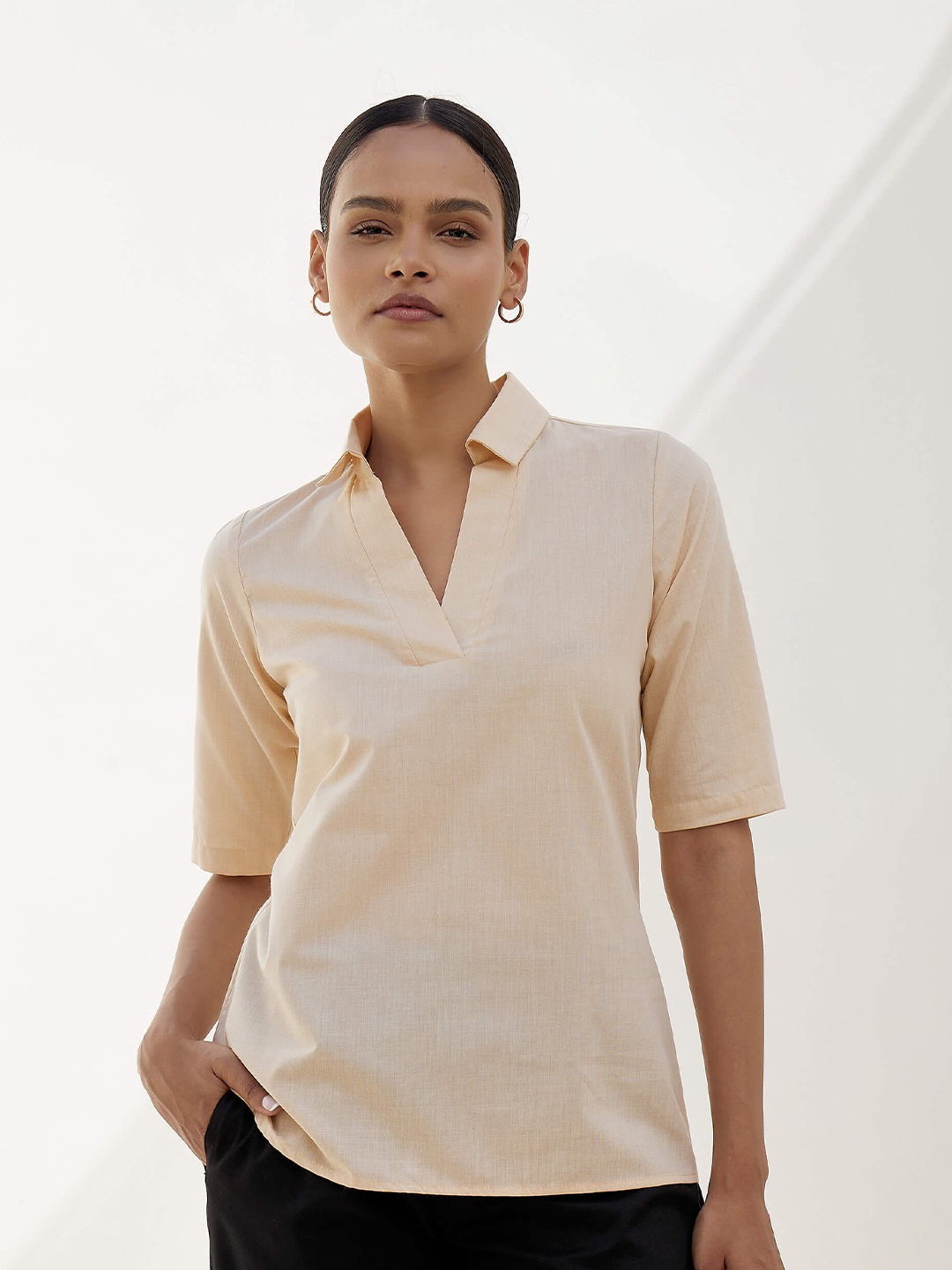 

SALT ATTIRE Shirt Collar Cotton Shirt Style Top, Beige