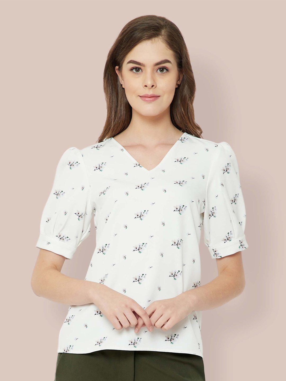 

SALT ATTIRE Floral Printed Puff Sleeves Regular Top, White