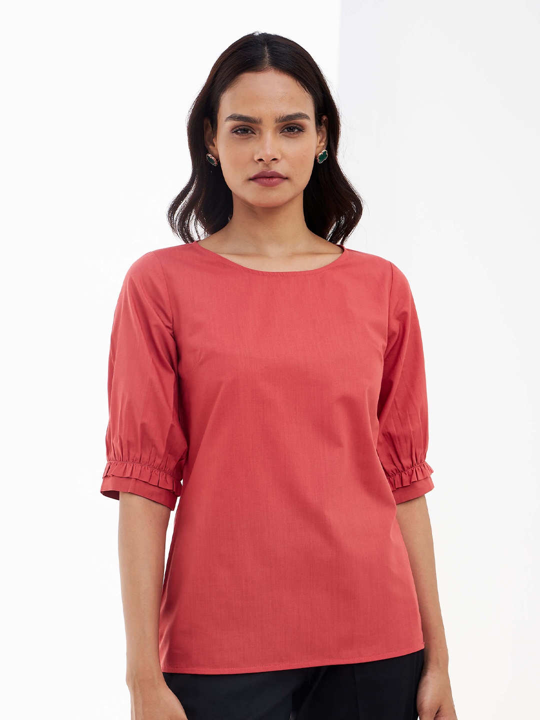 

SALT ATTIRE Puff Sleeves Ruffles Cotton Top, Red