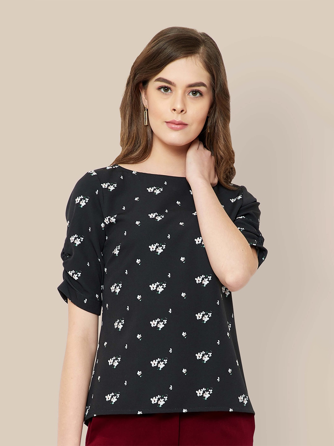 

SALT ATTIRE Floral Printed Extended Sleeves Regular Top, Black