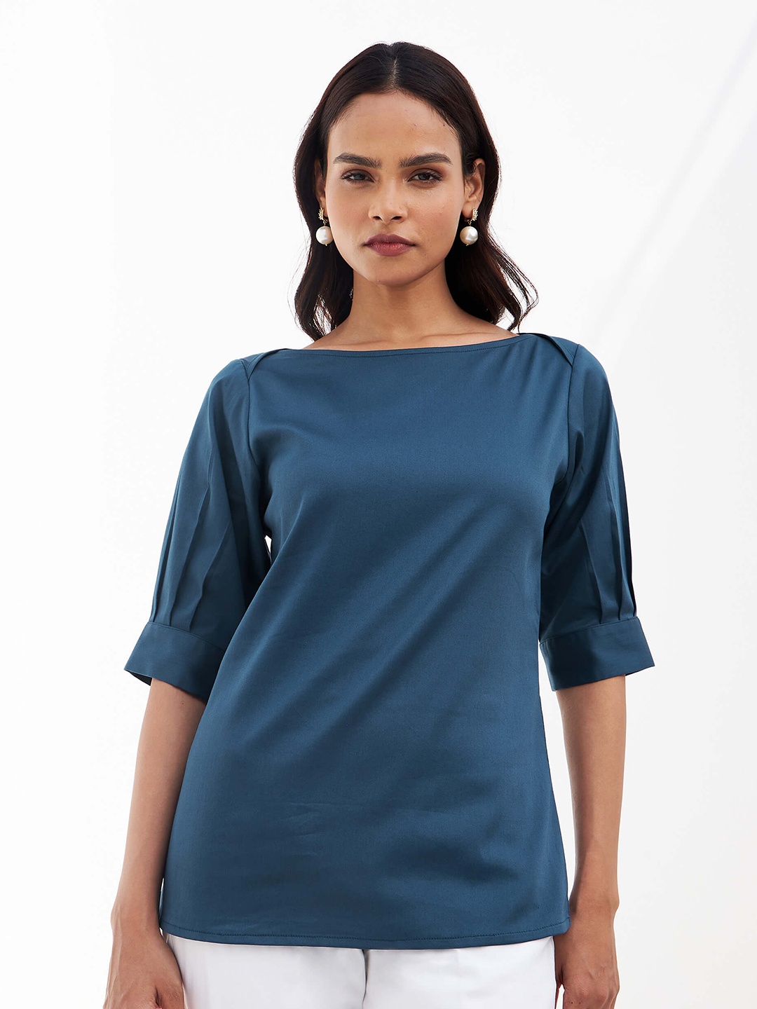 

SALT ATTIRE Boat Neck Puff Sleeves Pleated Cotton Top, Teal
