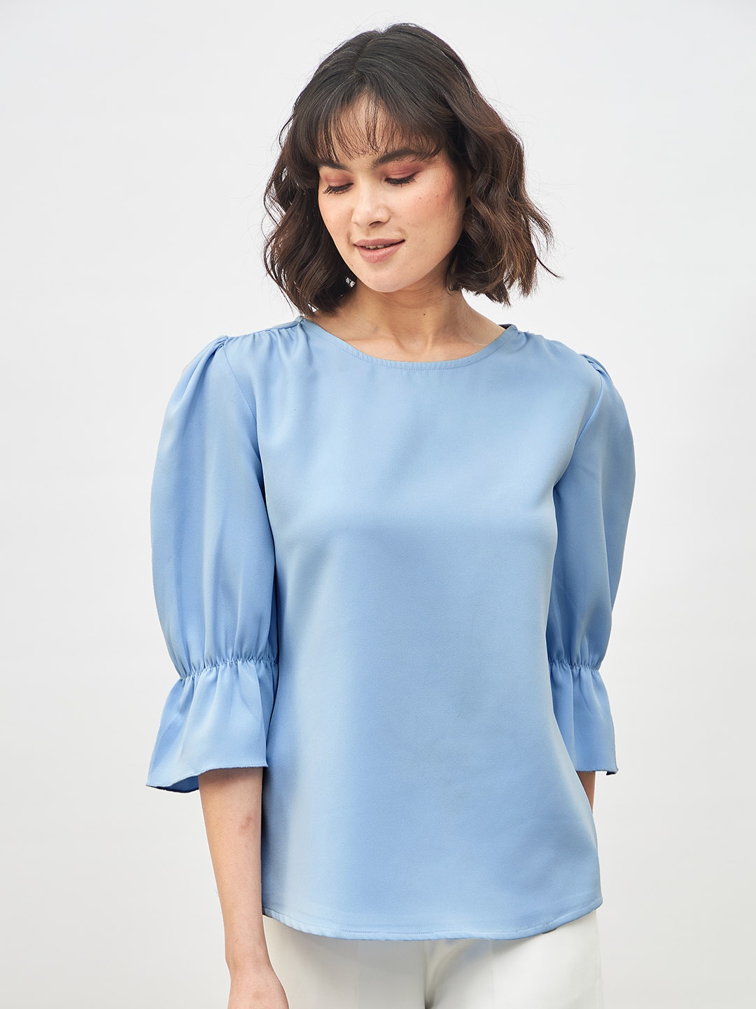 

SALT ATTIRE Round Neck Bell Sleeves Regular Top, Blue