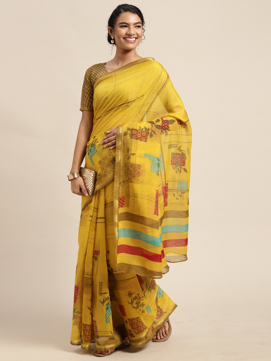 

Shaily Mustard & Red Floral Printed Zari Saree