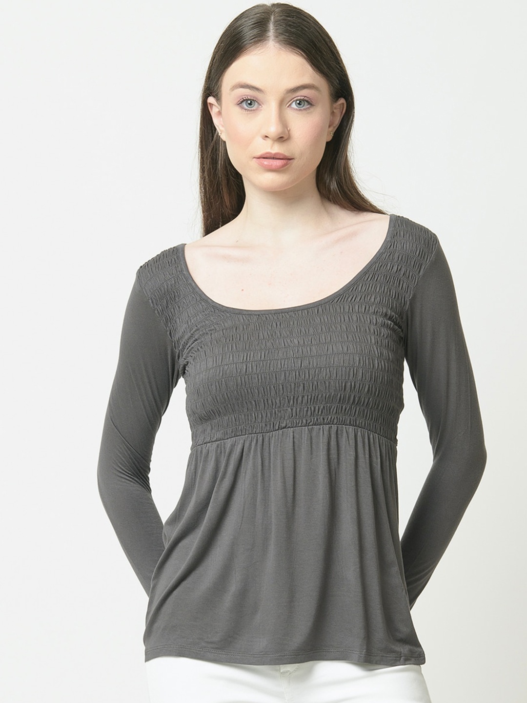 

urSense Scoop Neck Long Sleeves Smocking Longline Cotton Top, Grey