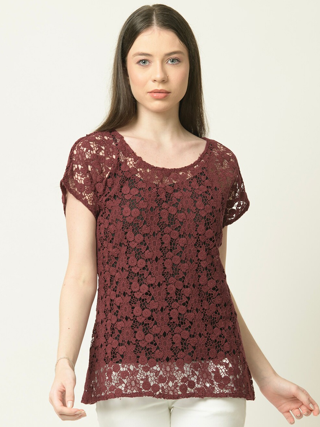 

urSense Maroon Self Design Extended Sleeves Lace Top