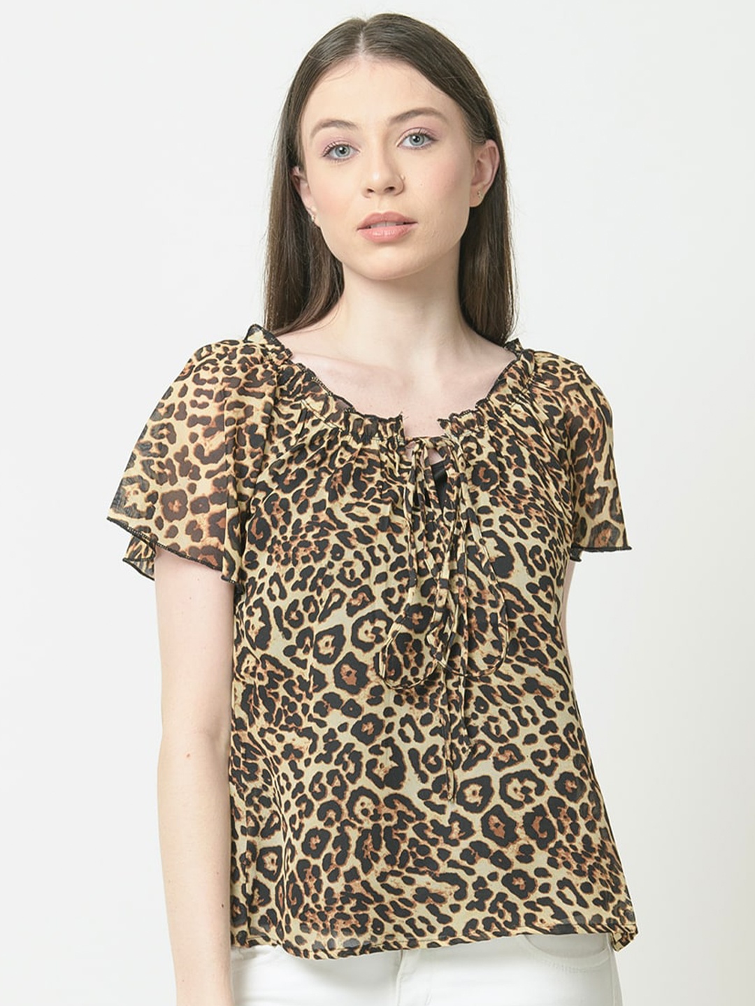 

urSense Brown Animal Printed Tie-Up Neck Flared Sleeves Georgette Top
