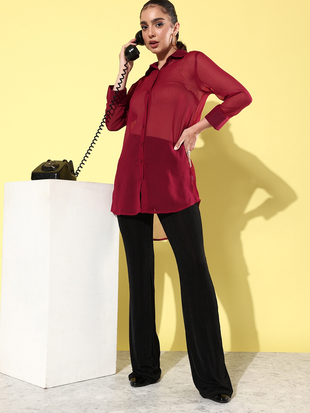 

ANVI Be Yourself Women Relaxed Tailored Fit Sheer Casual Shirt, Maroon
