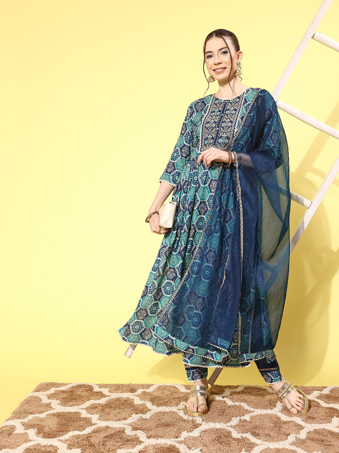 

Sangria Women Ethnic Motifs Printed Regular Thread Work Kurta with Trousers & With Dupatta, Blue