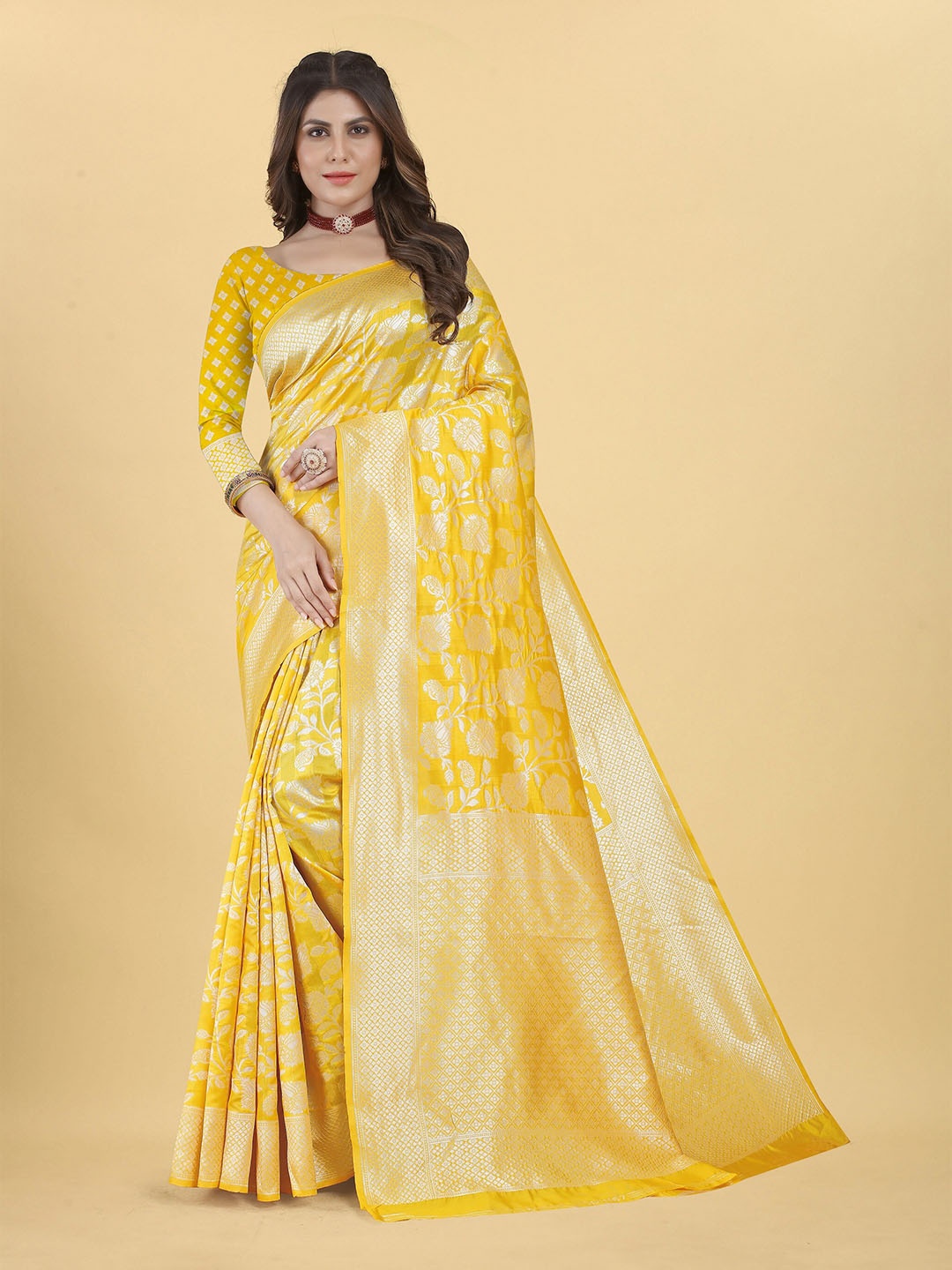 

TIEXA Yellow & Gold-Toned Woven Design Zari Pure Silk Banarasi Saree