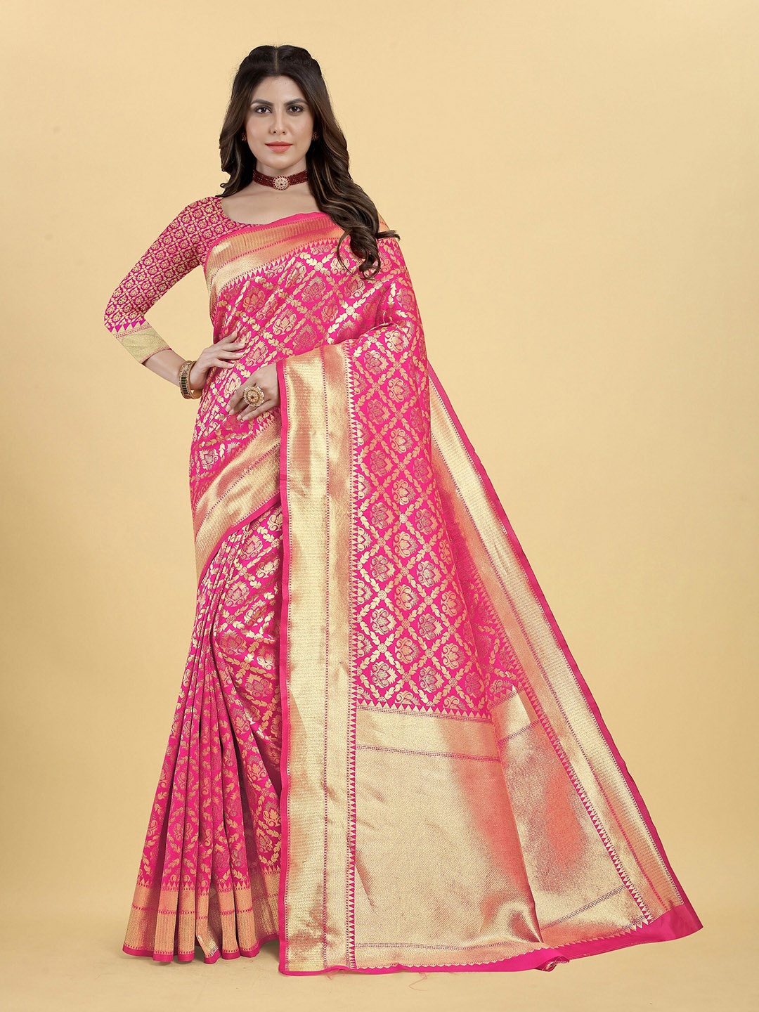 

TIEXA Pink & Gold-Toned Woven Design Zari Pure Silk Banarasi Saree