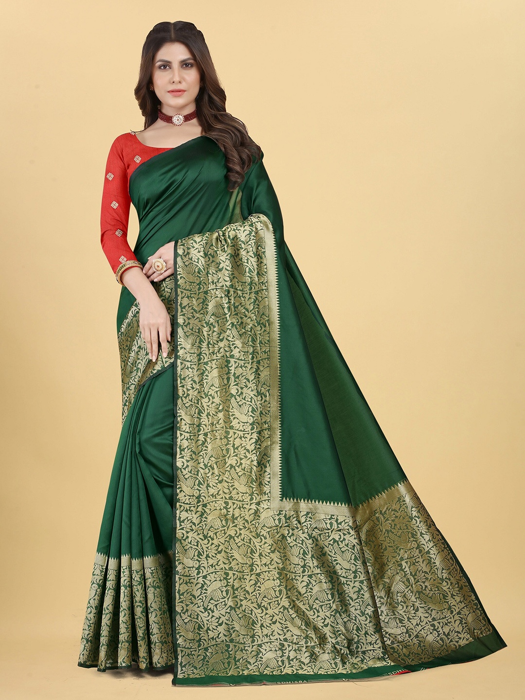 

TIEXA Green & Gold-Toned Zari Pure Silk Banarasi Saree