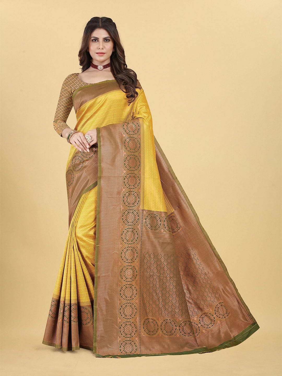 

TIEXA Yellow & Green Ethnic Motifs Zari Pure Silk Banarasi Saree