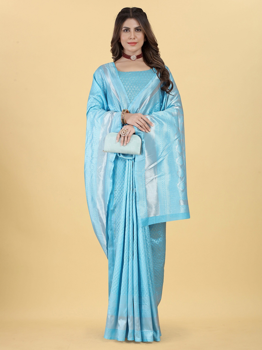 

TIEXA Blue & Silver-Toned Woven Design Zari Pure Silk Banarasi Saree