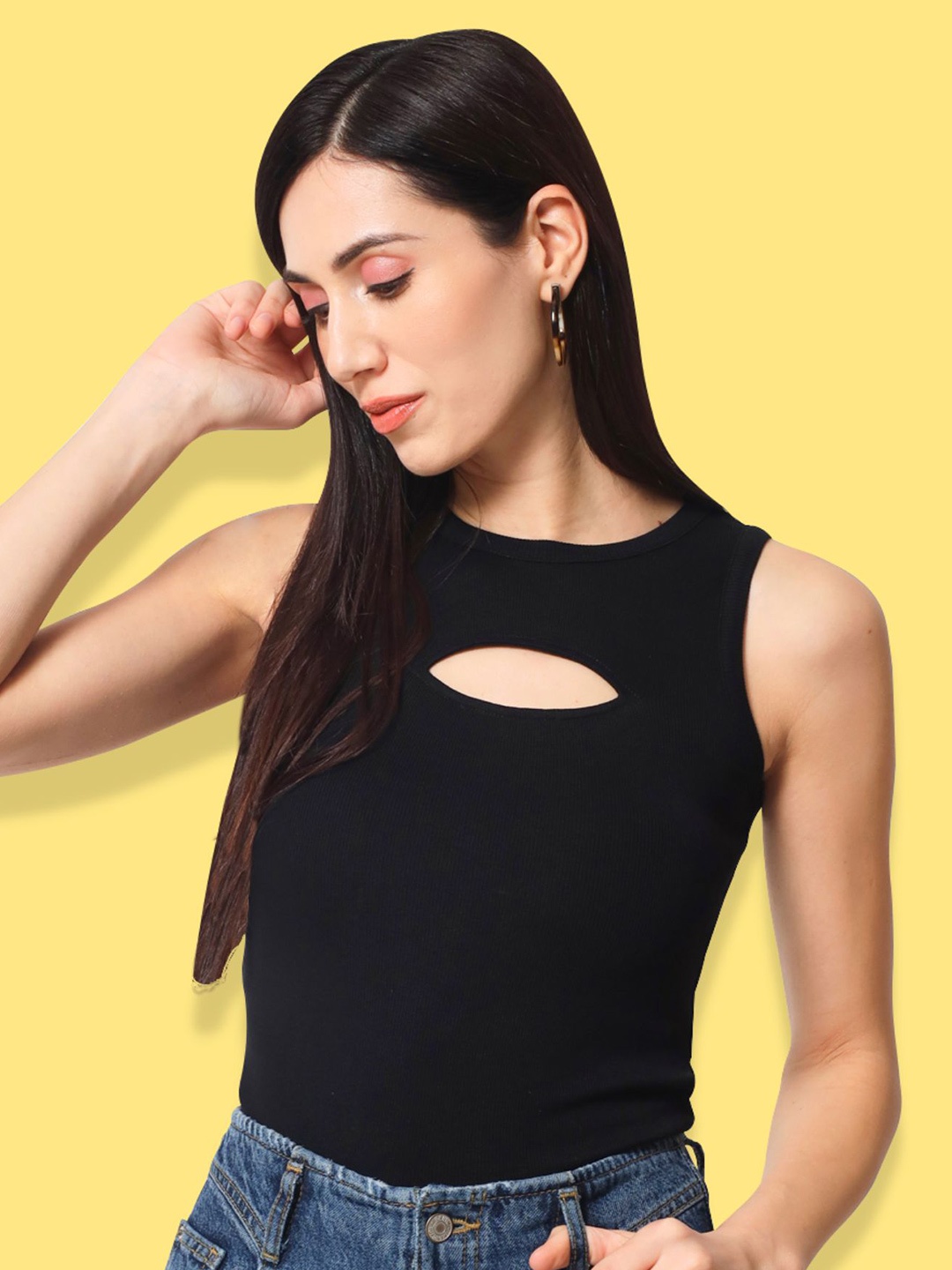 

CHARMGAL Round Neck Ribbed Cut Out Eco Liva Modal Top, Black