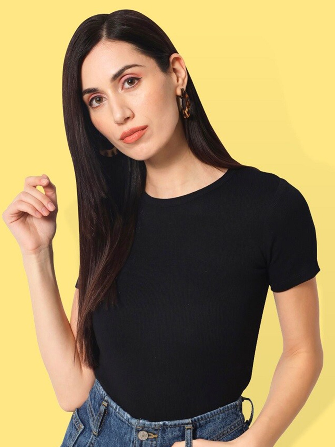 

CHARMGAL Round Neck Short Sleeves Eco Liva Modal Top, Black