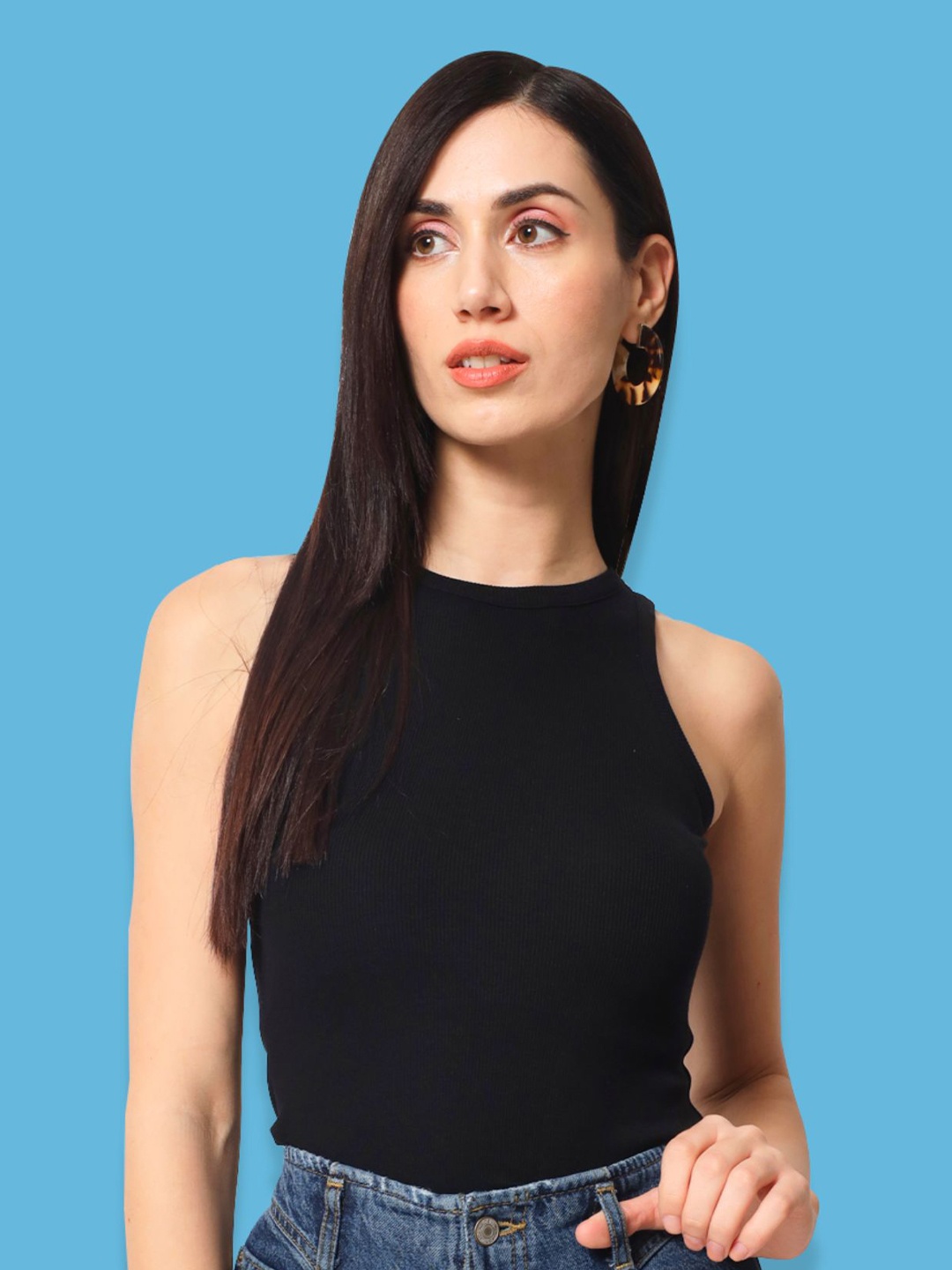 

CHARMGAL Round Neck Sleeveless Fitted Eco Liva Modal Top, Black