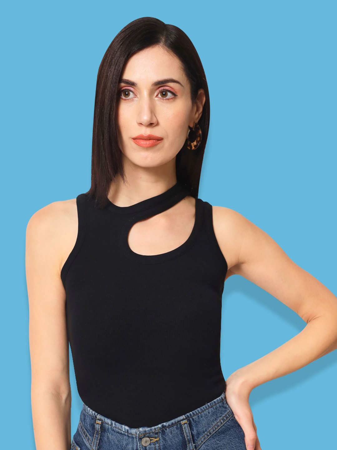 

CHARMGAL Ribbed Cut Out Fitted Eco Liva Modal Top, Black