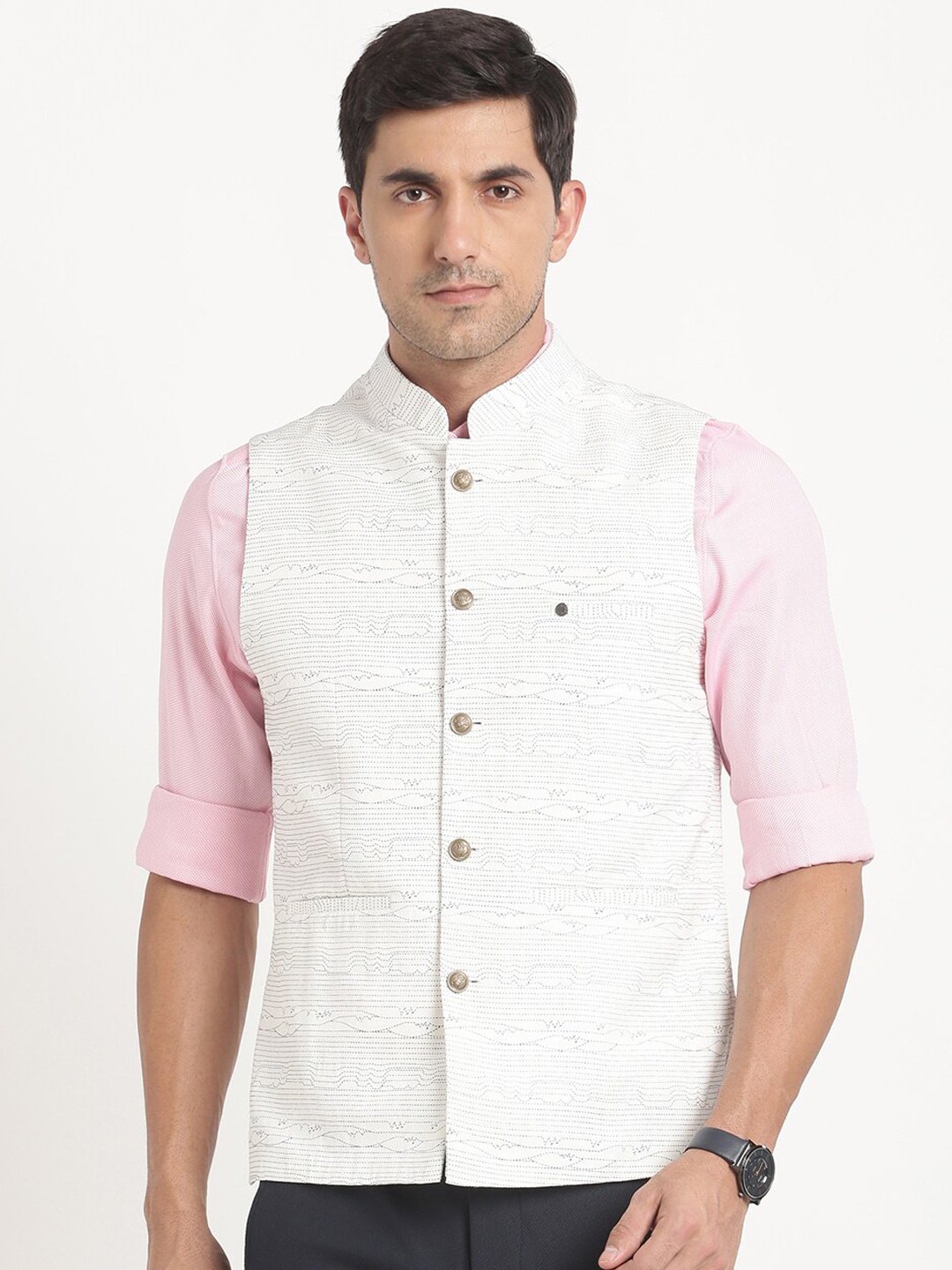 

Turtle Abstract Printed Mandarin Collar Nehru Jackets, White