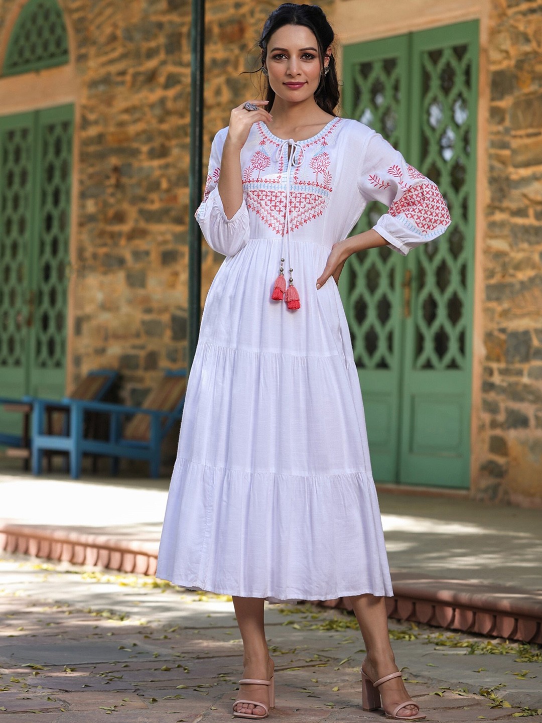 

Juniper Tie Up Neck Ethnic Motifs Embroidered Fit & Flared Ethnic Dress, White