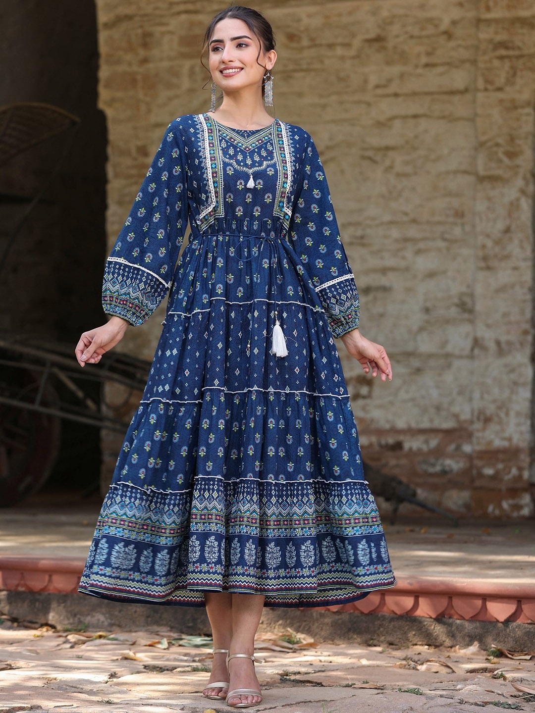 

Juniper Ethnic Motifs Printed Cotton Tiered Dress, Navy blue