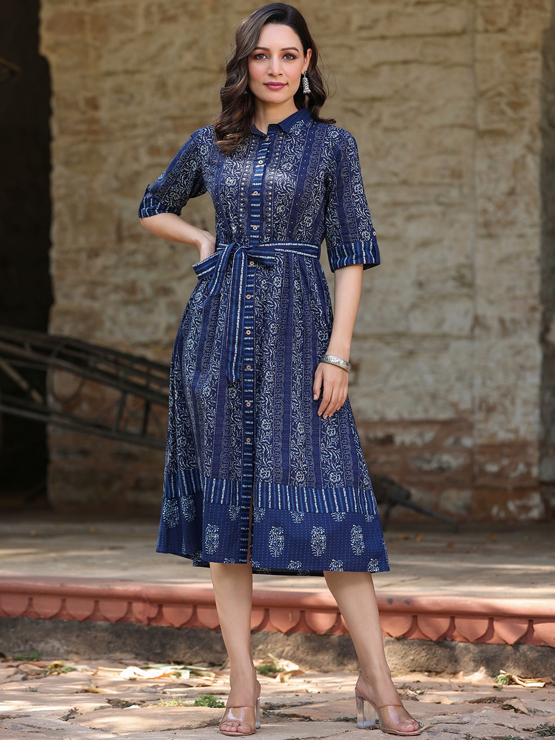 

Juniper Shirt Collar Ethnic Motifs Printed Roll Up Sleeves A-Line Ethnic Dress, Navy blue