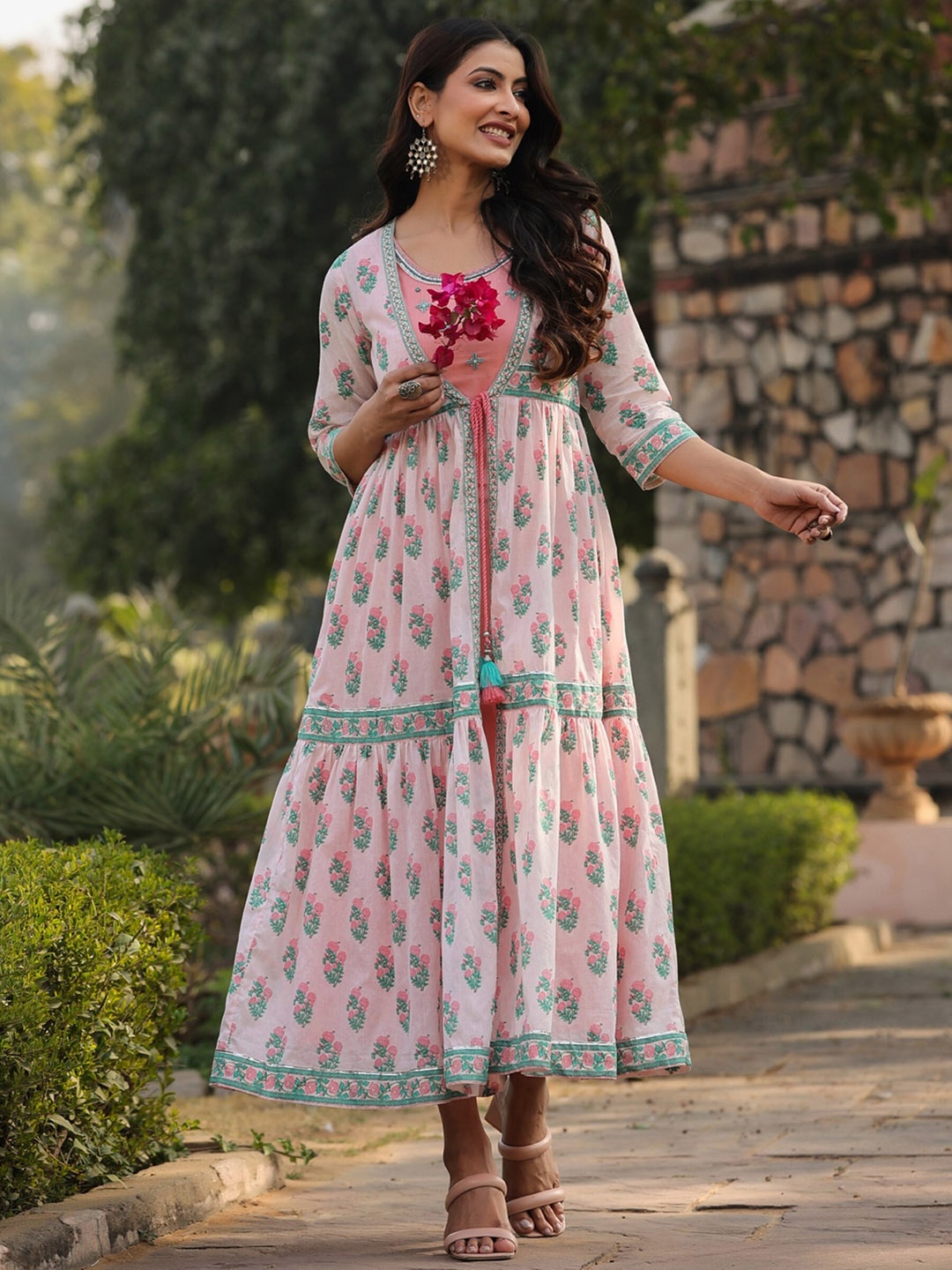 

Juniper Floral Printed Embroidered Cotton Ethnic Dresses, Pink