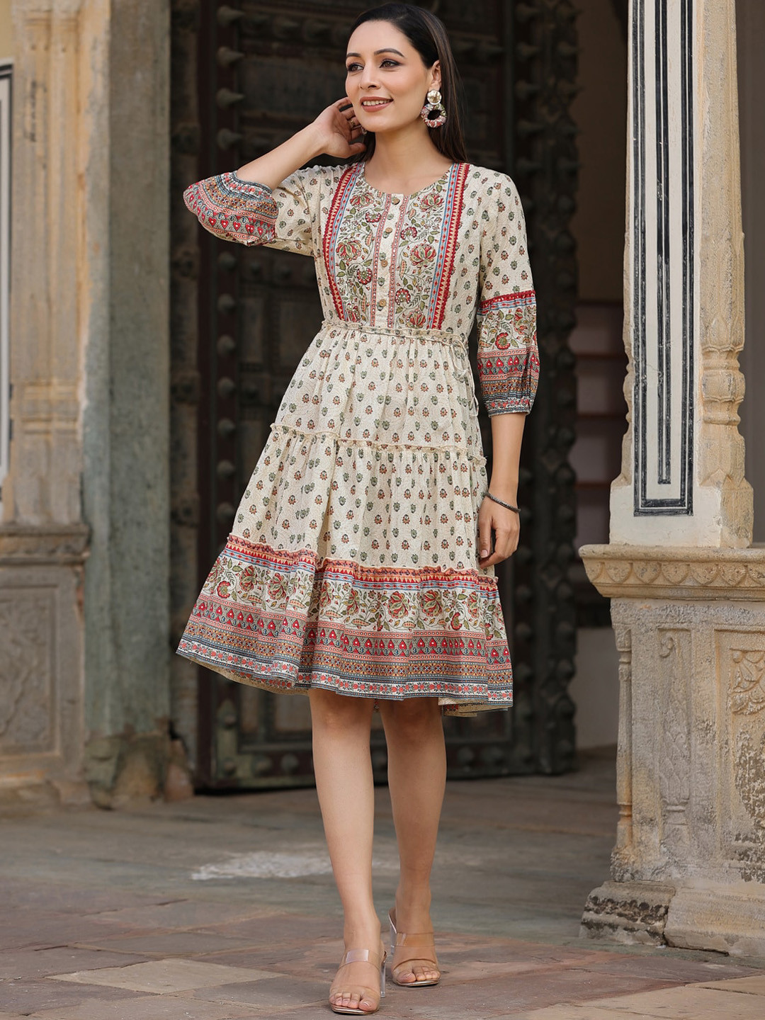 

Juniper Floral Printed Embellished Cotton Fit & Flare Ethnic Dress, Beige