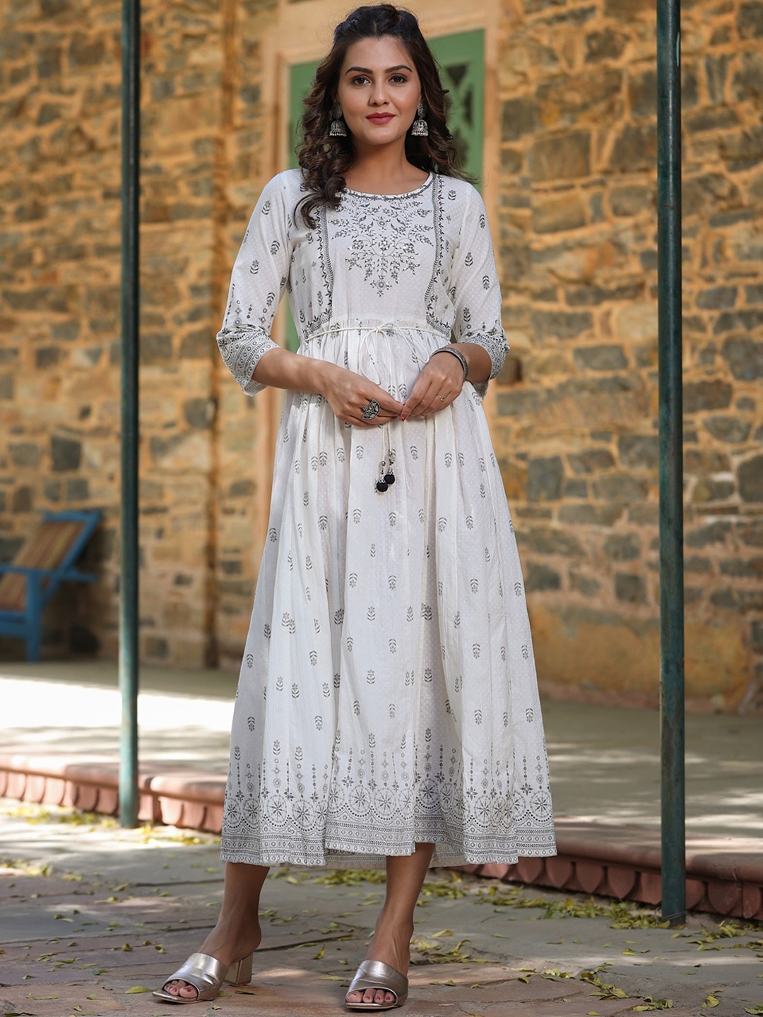

Juniper Floral Printed Embellished Fit & flared Ethnic Dress, White