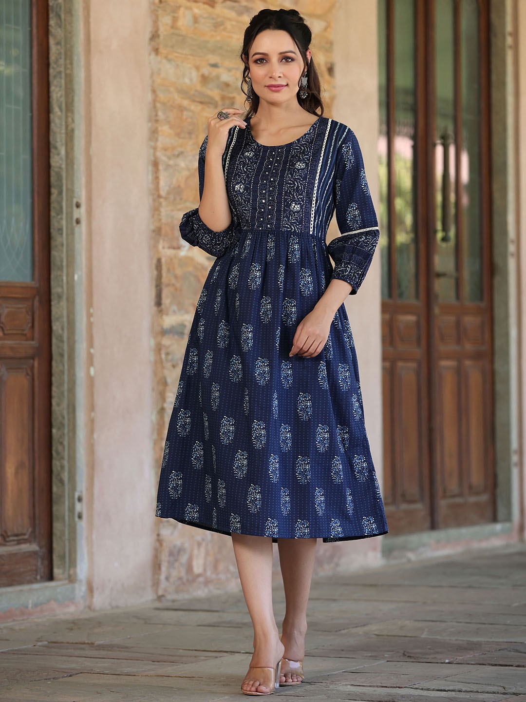 

Juniper Women Nay Blue Floral Printed Embellished Cotton A-Line Ethnic Dress, Navy blue